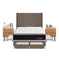 Dormitorio Golden Con 4 Cajones 2 Plazas + Velador Milan + Respaldo Marron