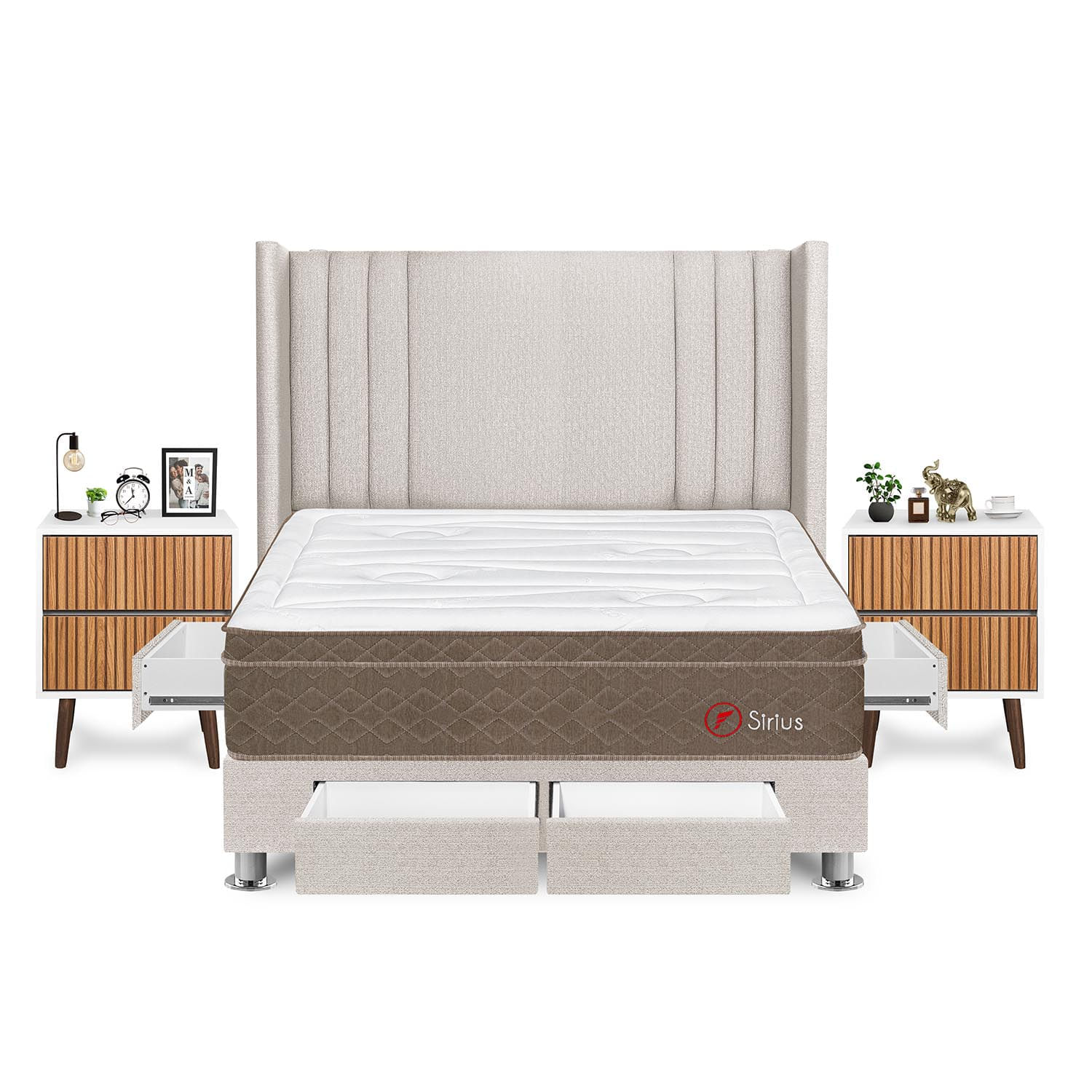 Dormitorio Sirius Con 4 Cajones King + Velador Milan + Respaldo Beige