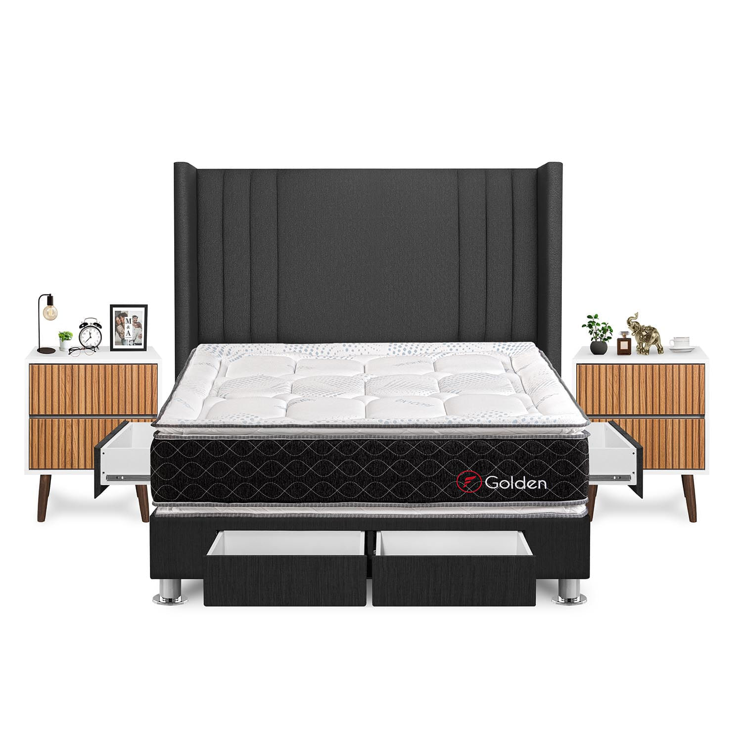 Dormitorio Golden Con 4 Cajones King + Velador Milan + Respaldo Gris