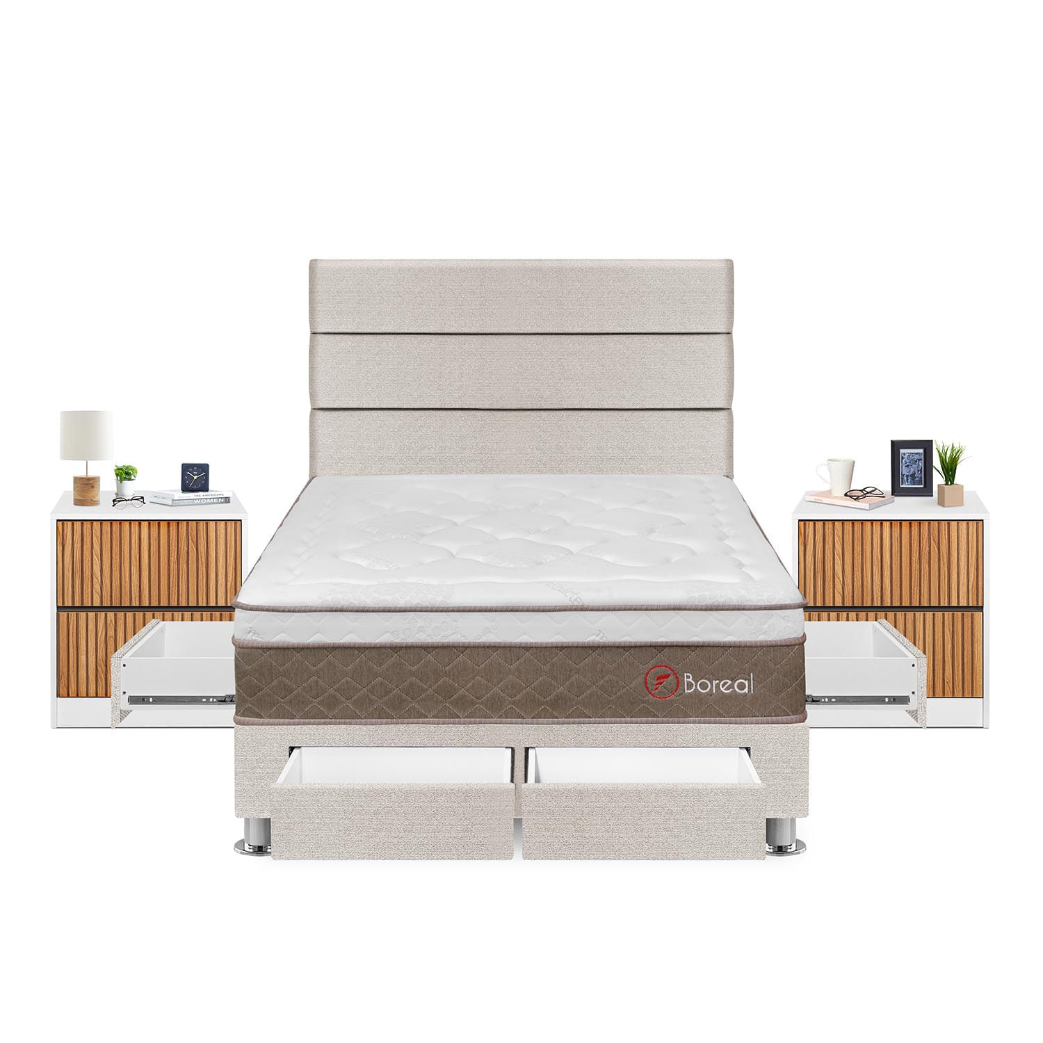Dormitorio Boreal Con 4 Cajones 2 Plazas + Velador Roma + Respaldo Beige