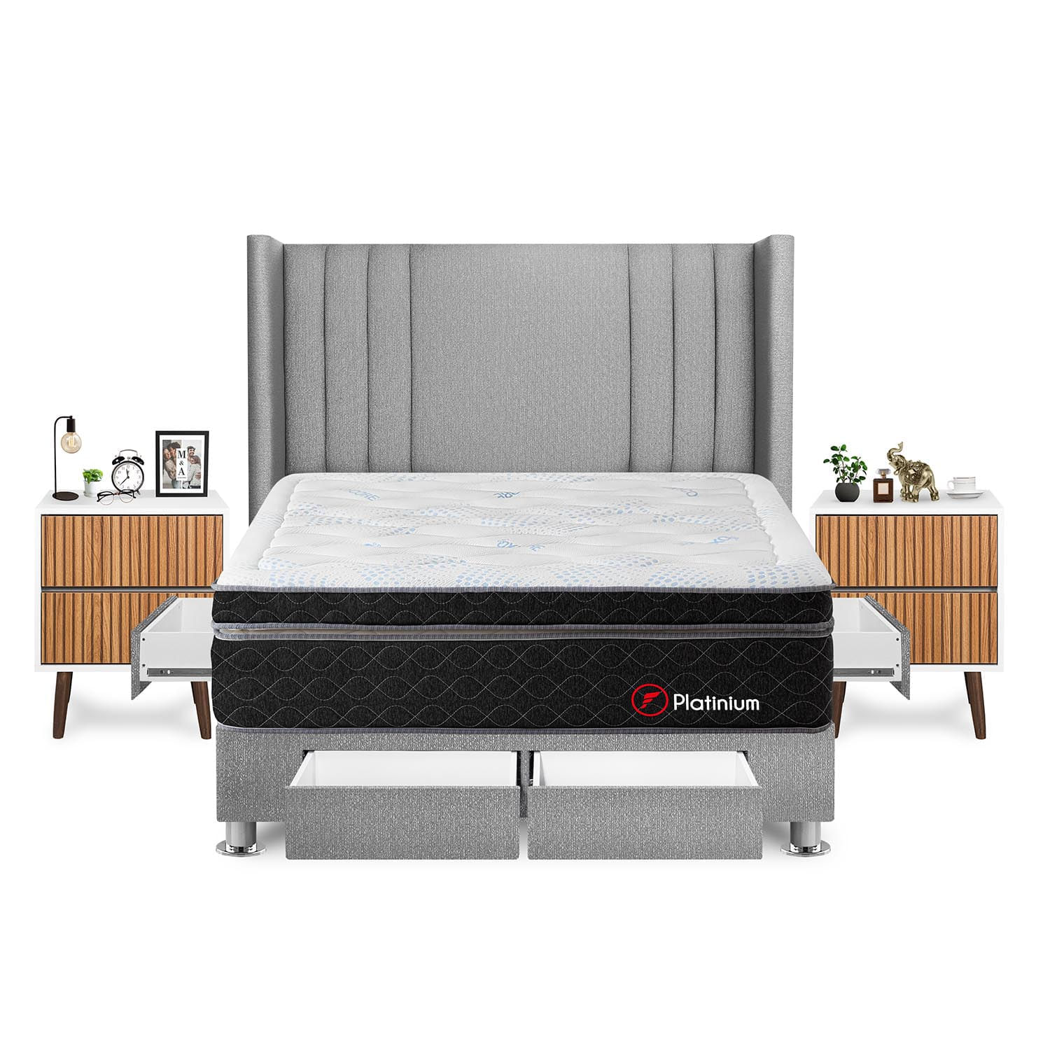 Dormitorio Platinium Con 4 Cajones Queen + Velador Milan + Respaldo Plata