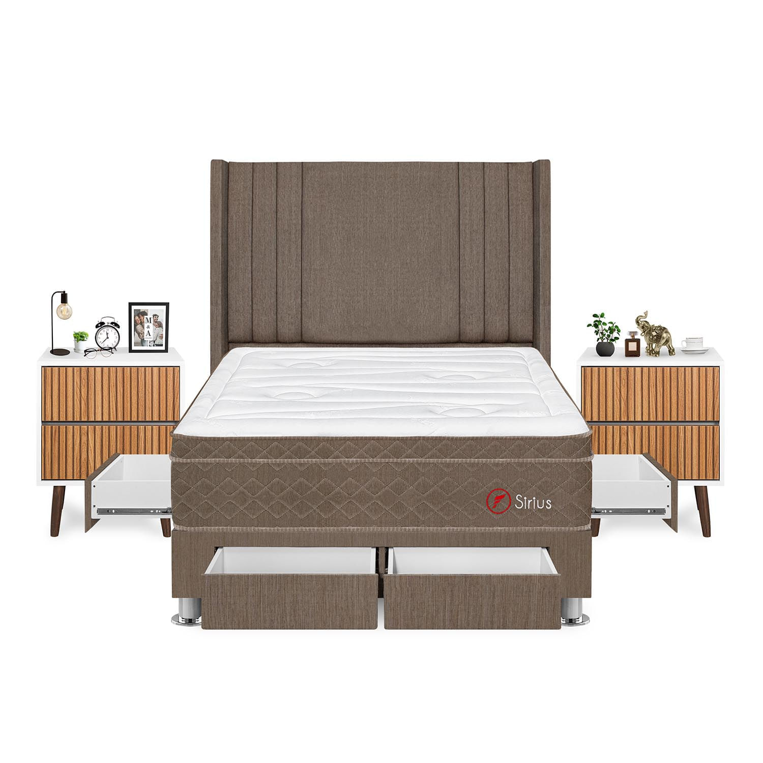 Dormitorio Sirius Con 4 Cajones 2 Plazas + Velador Milan + Respaldo Marron