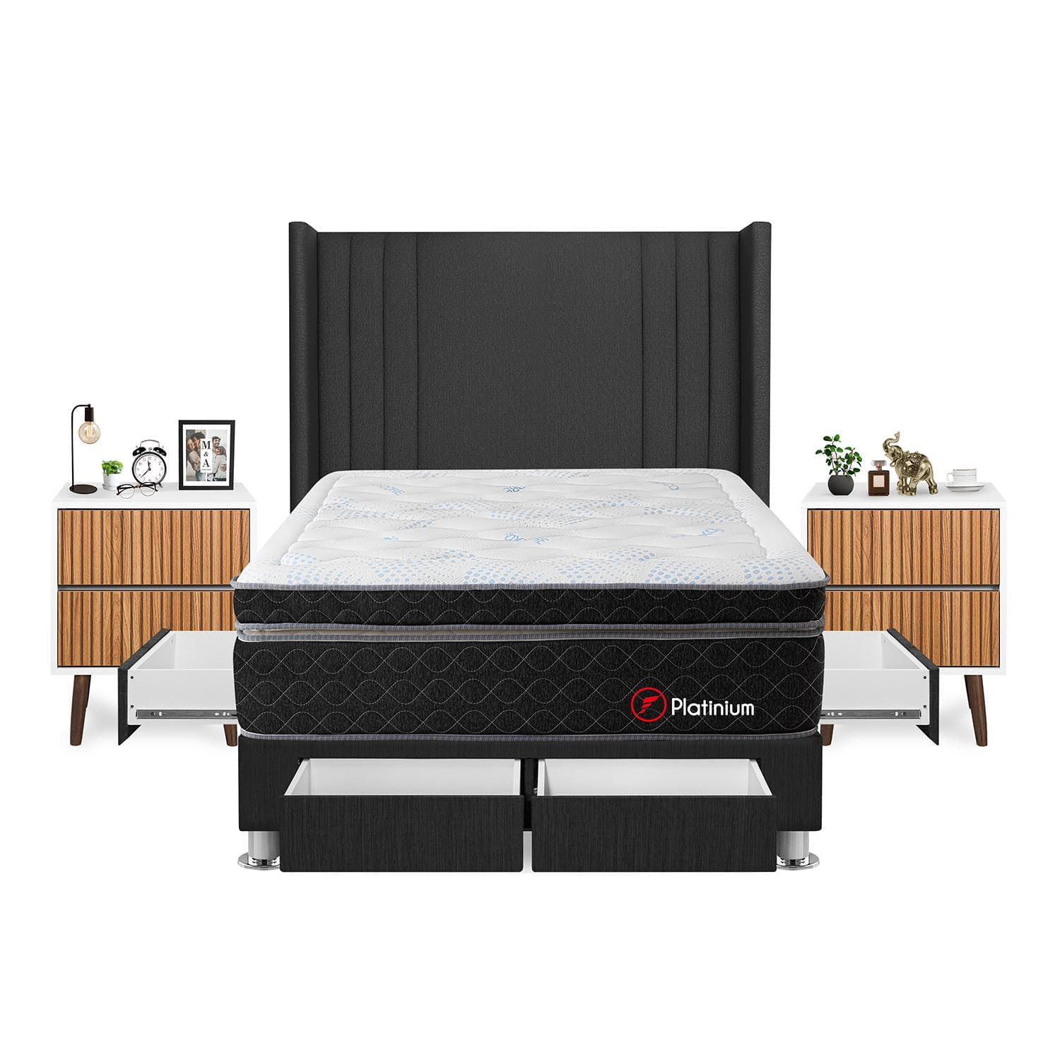 Dormitorio Platinium Con 4 Cajones 2 Plazas + Velador Milan + Respaldo Gris