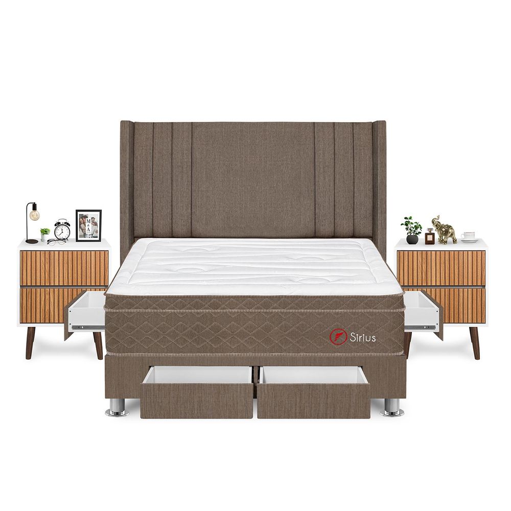 Dormitorio Sirius Con 4 Cajones King + Velador Milan + Respaldo Marron