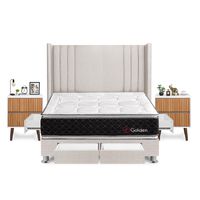 Dormitorio Golden Con 4 Cajones Queen + Velador Milan + Respaldo Beige