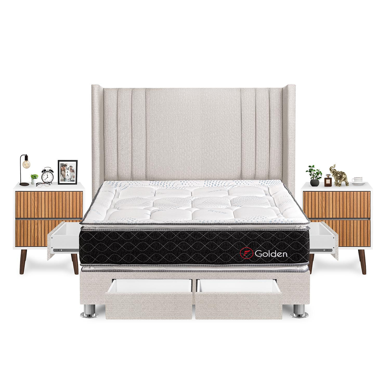 Dormitorio Golden Con 4 Cajones Queen + Velador Milan + Respaldo Beige