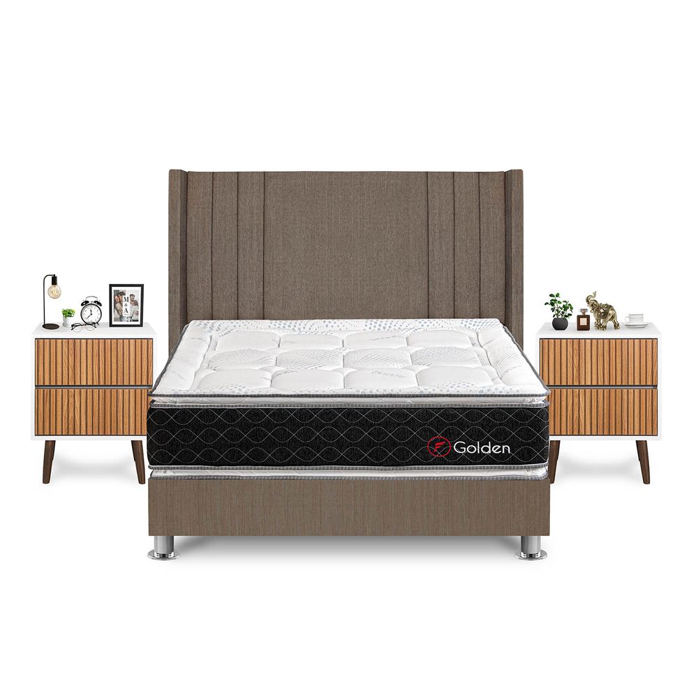Dormitorio Golden Queen + Velador Milan + Respaldo Marron