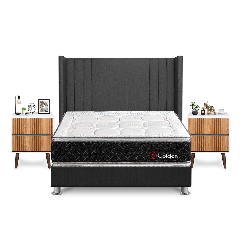 Dormitorio Golden King + Velador Milan + Respaldo Gris