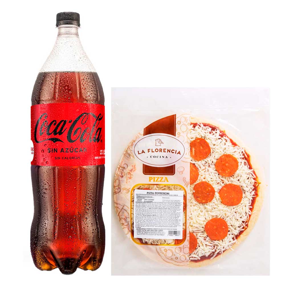 Pack Pizza Pepperoni Familiar LA FLORENCIA 1un + Gaseosa COCA COLA Sin Azúcar Botella 1.5L