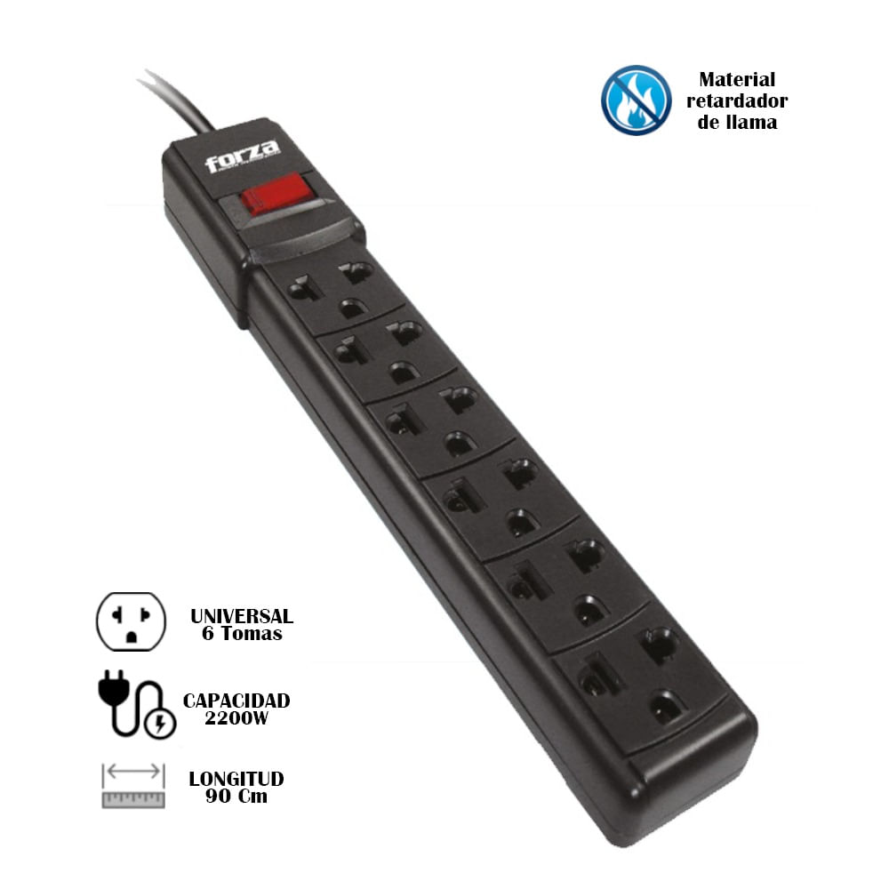SUPRESOR DE PICOS FORZA PS-001B 6 PUERTOS NEGRO