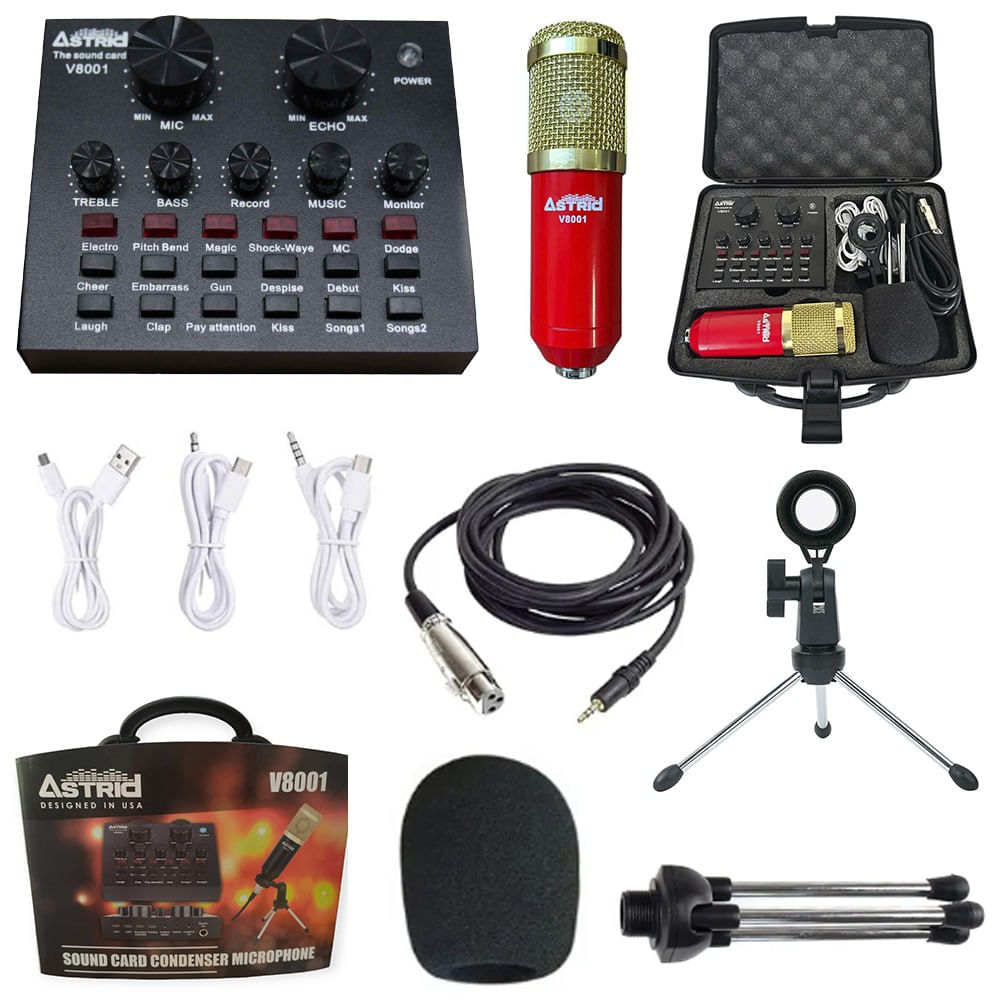 Kit tarjeta de sonido V8 microfono condensador mini tripode maletin