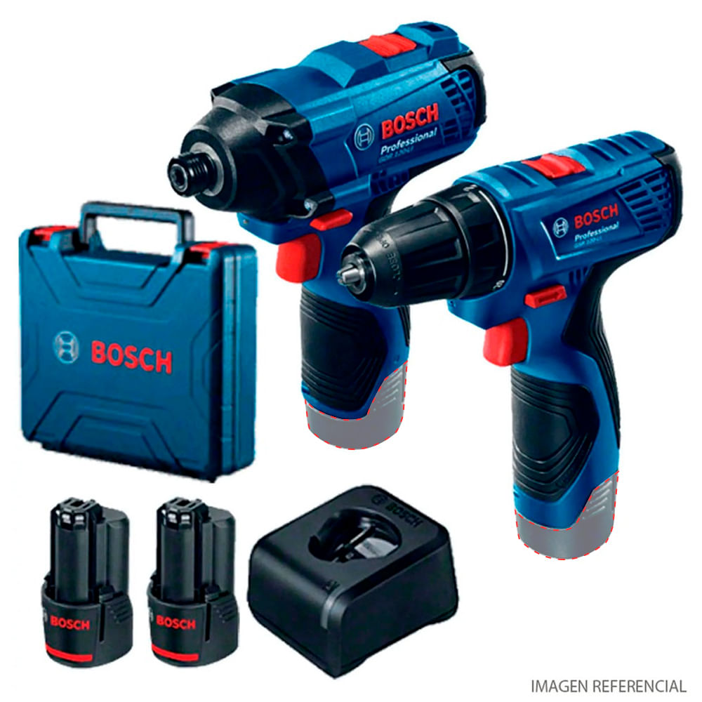 Taladro Percutor GSB 120 + Llave Impacto GDR 120 Bosch 12V + 2Baterías x 2.0 Ah + Cargador + Maletín