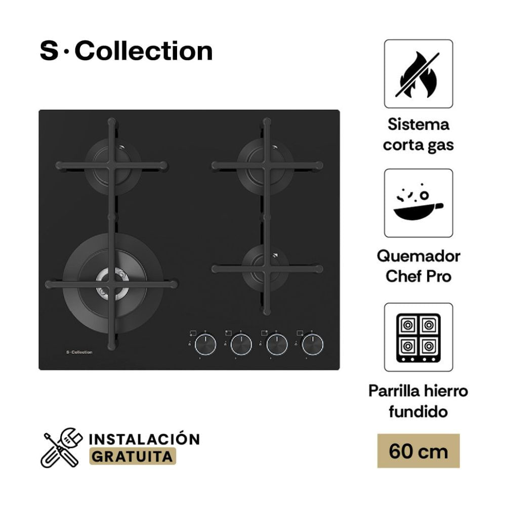 Cocina Encimera Empotrable Sole Scollection Pureblack a Gas Smart 60cm