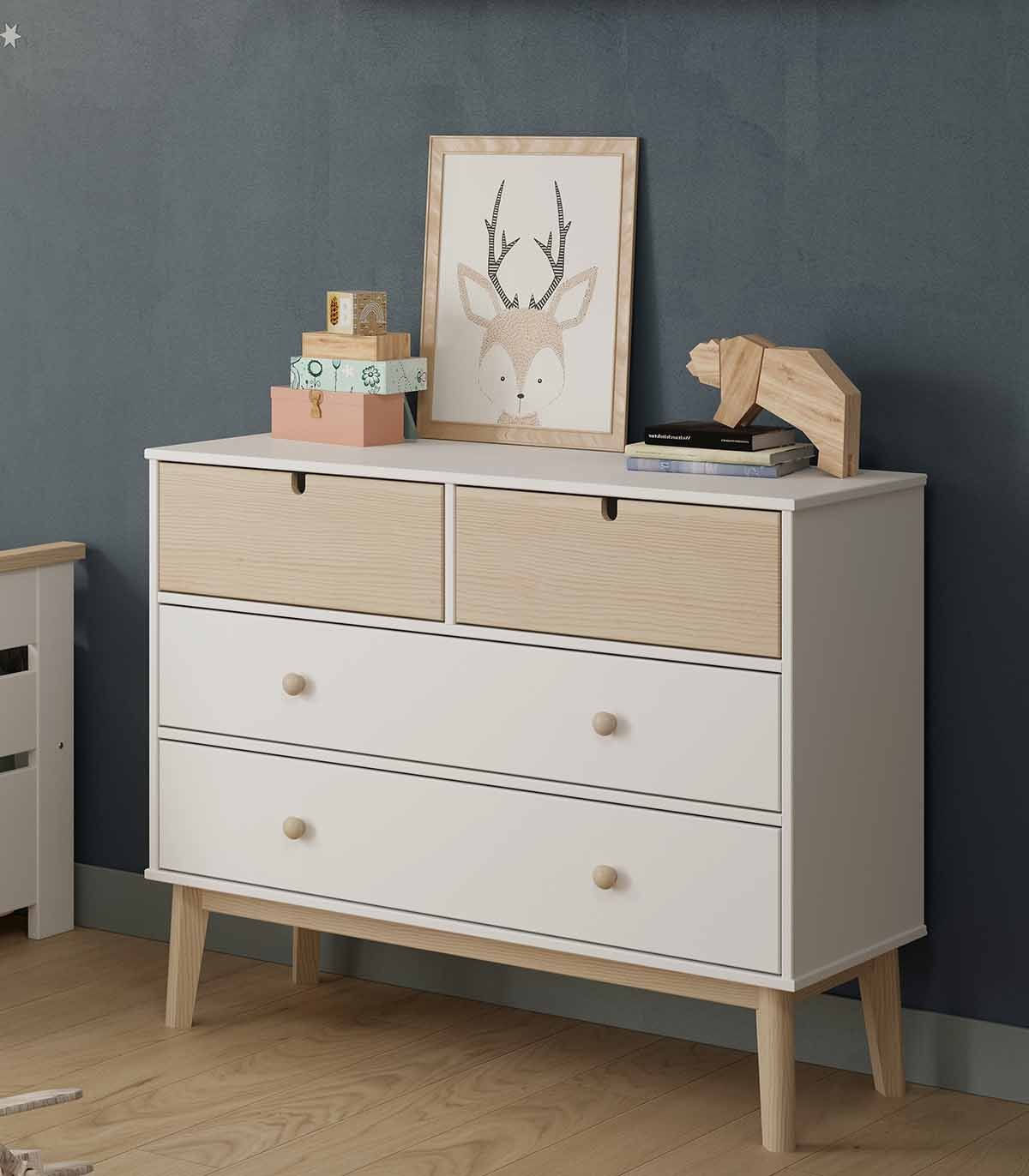 Cómoda Moderna 4 cajones Athala color Blanco/Haya TU MESITA