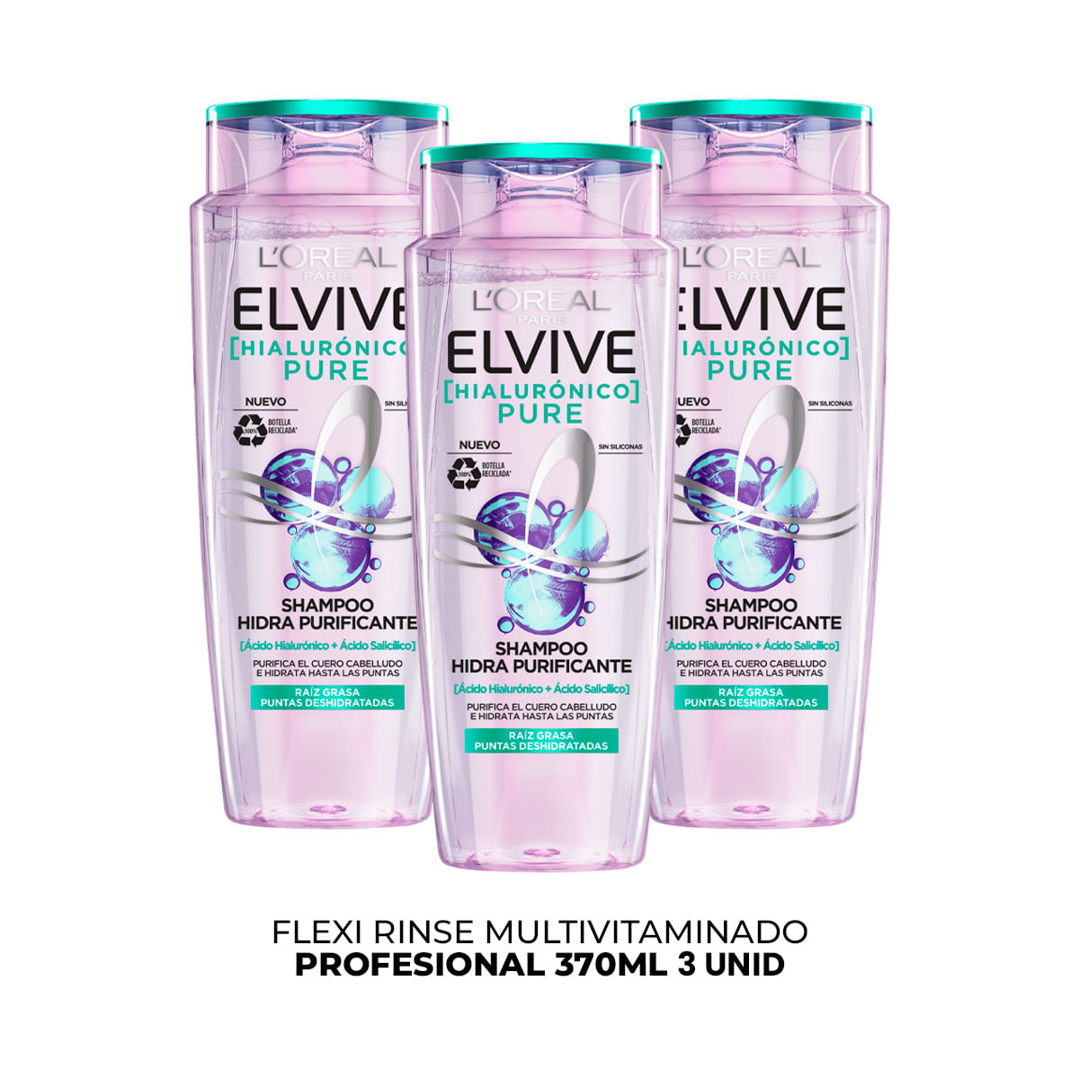 Hialurónico Pure Shampool'Oréal Paris 370ml 3 Unid