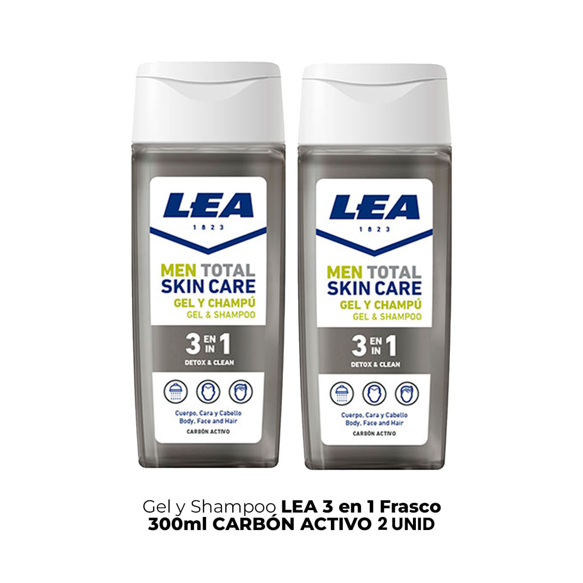 Gel Y Shampoo Lea 3 En 1 Frasco 300ml Carbón Activo 2 Unid