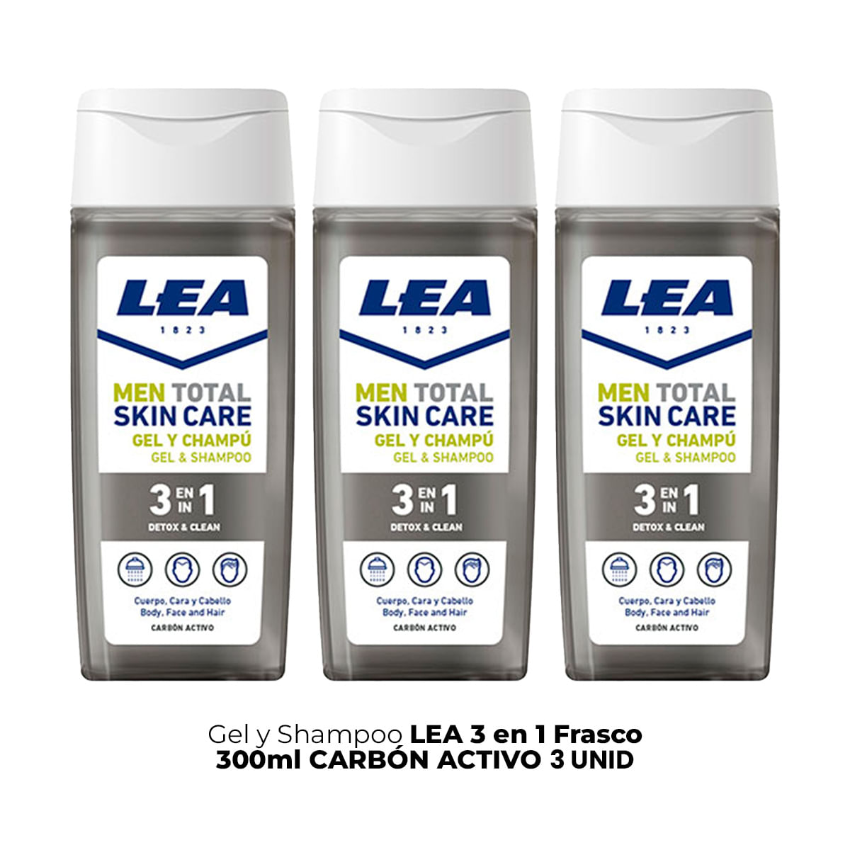 Gel Y Shampoo Lea 3 En 1 Frasco 300ml Carbón Activo 3 Unid