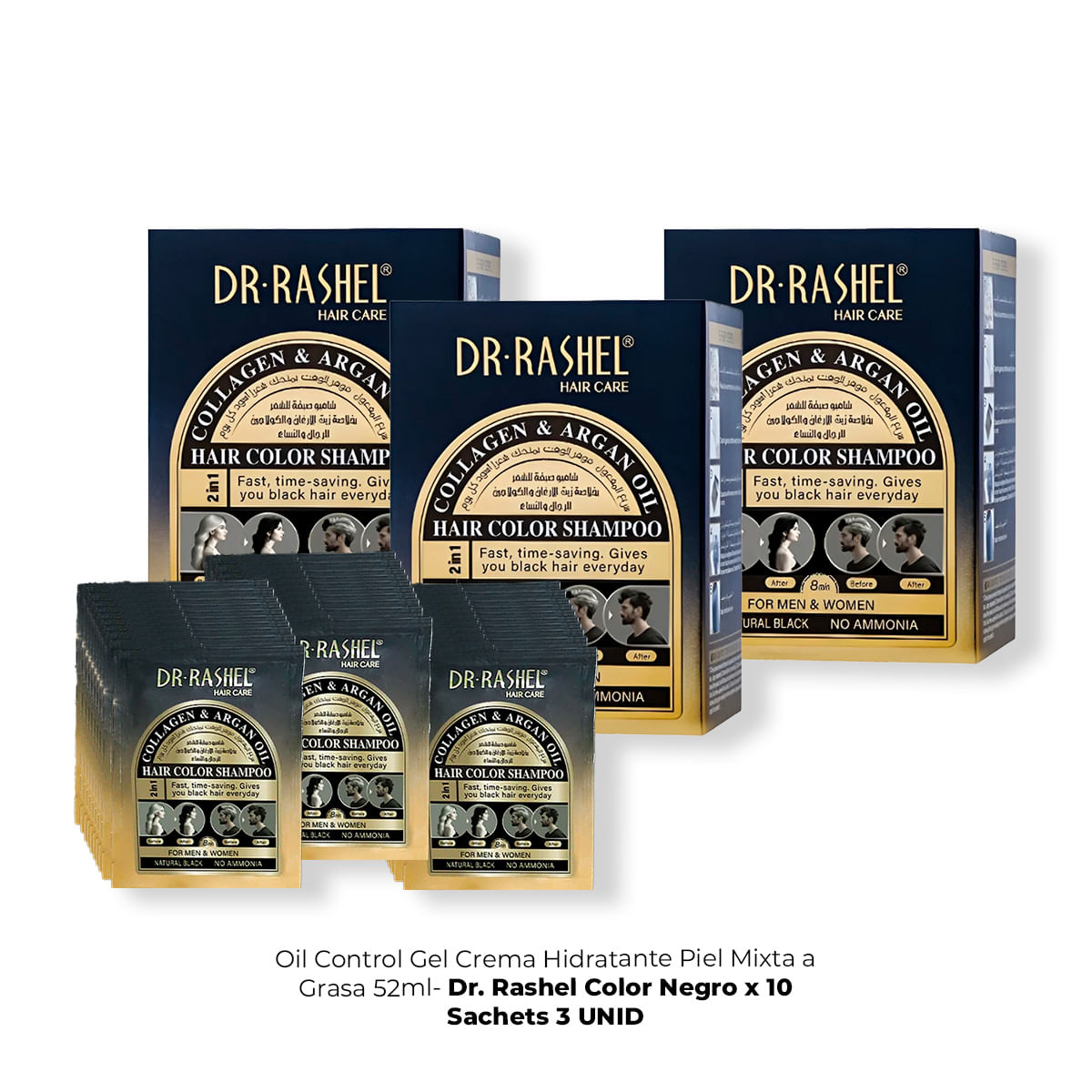 Shampo 2En1 Colag y Aceite Argan Rashel Color Negro x 10 Sachets 3U