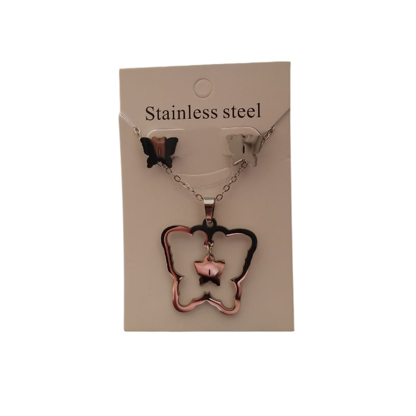 Set collar y aretes mariposa doble plateada