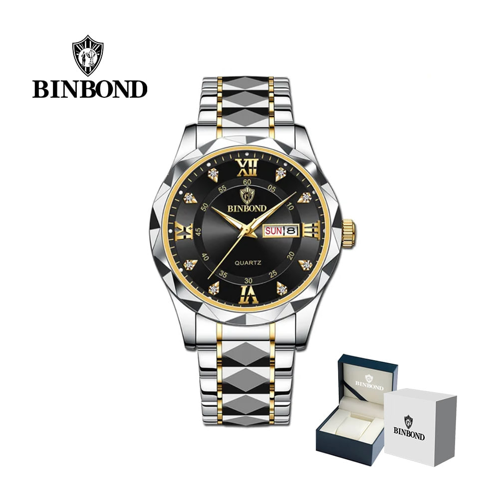 Reloj BINBOND Elegante para Hombre - Acero - Negro/Oro