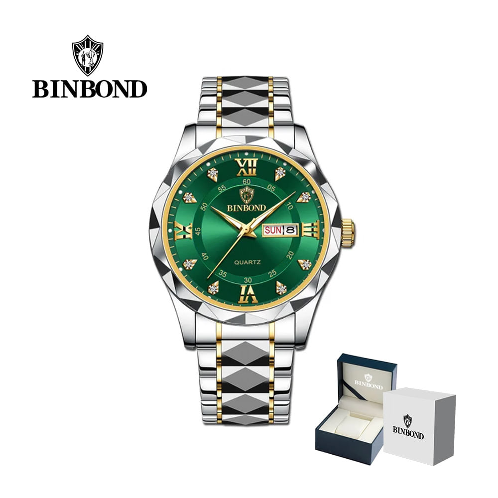 Reloj BINBOND Elegante para Hombre - Acero - Verde/Plata