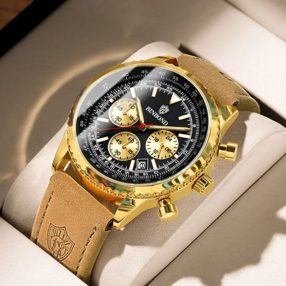 Reloj BINBOND para Hombre - Cuero Negro/Oro