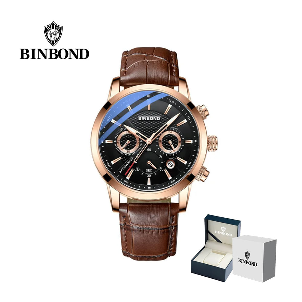 Reloj BINBOND para Hombre - Elegante - Cuero - Negro/Oro