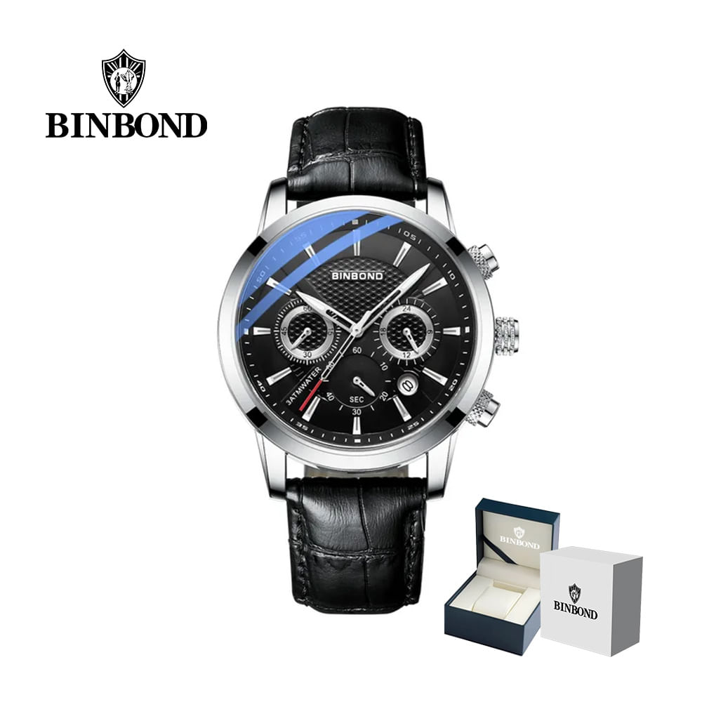 Reloj BINBOND para Hombre Elegante Cuero Negro/Plata