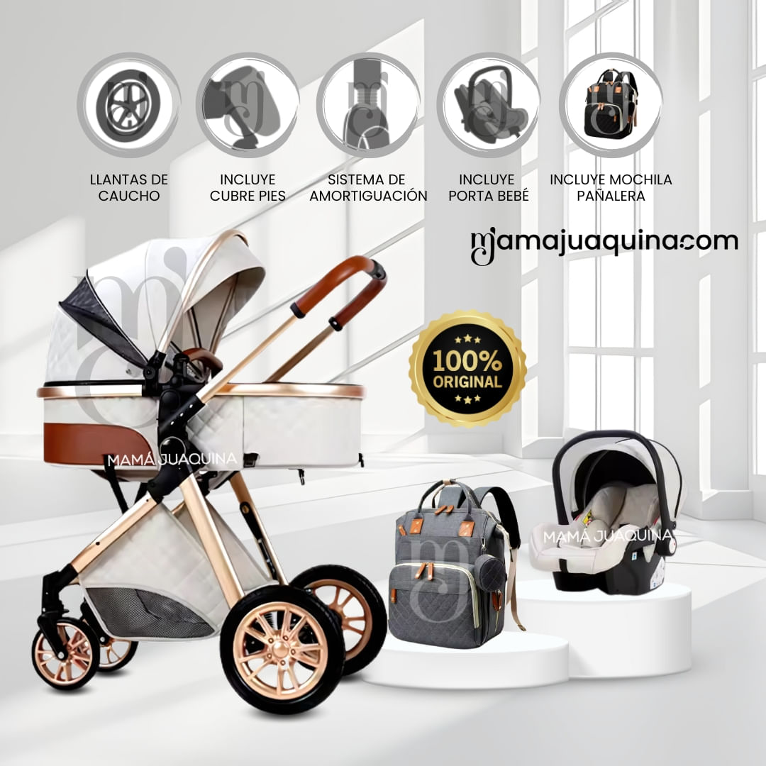 Coche Moisés «MADRID» Con Portabebé y Mochila Pañalera - Blaco