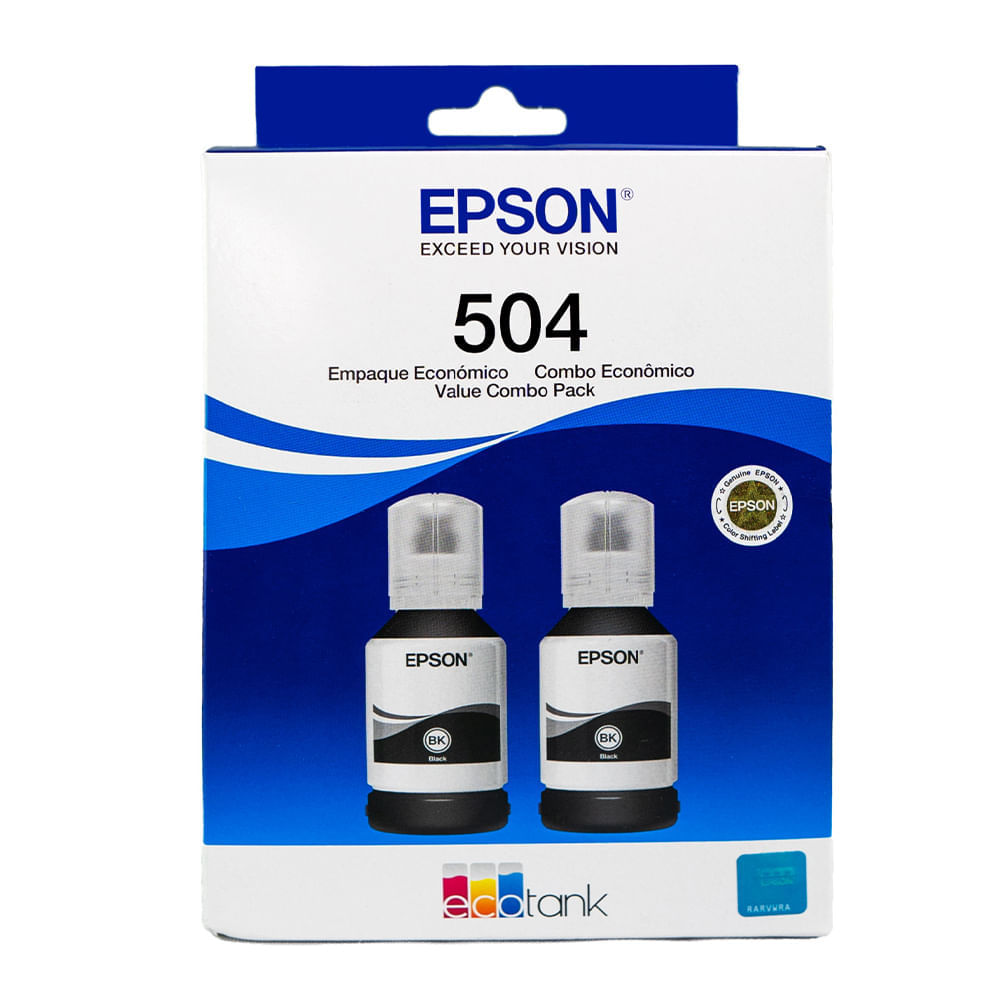 Pack de 2 Botellas de Tinta Negro Epson T504 rinde hasta 15,000 páginas