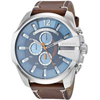 Reloj Diesel Mega Chief DZ4458 Fecha Cronometro Correa De Cuero Marrón Dial Celeste