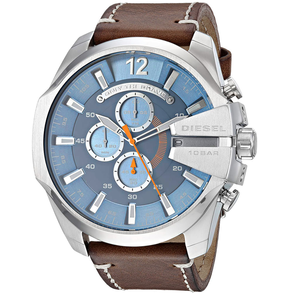 Reloj Diesel Mega Chief DZ4458 Fecha Cronometro Correa De Cuero Marrón Dial Celeste