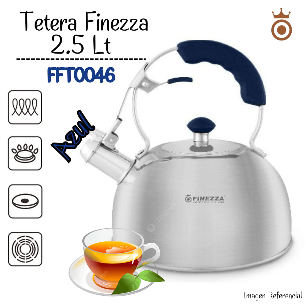 Tetera Finezza FF-T0046 de Acero Inoxidable Azul 2.5 L con Diseño Clásico y Acabado Espejo