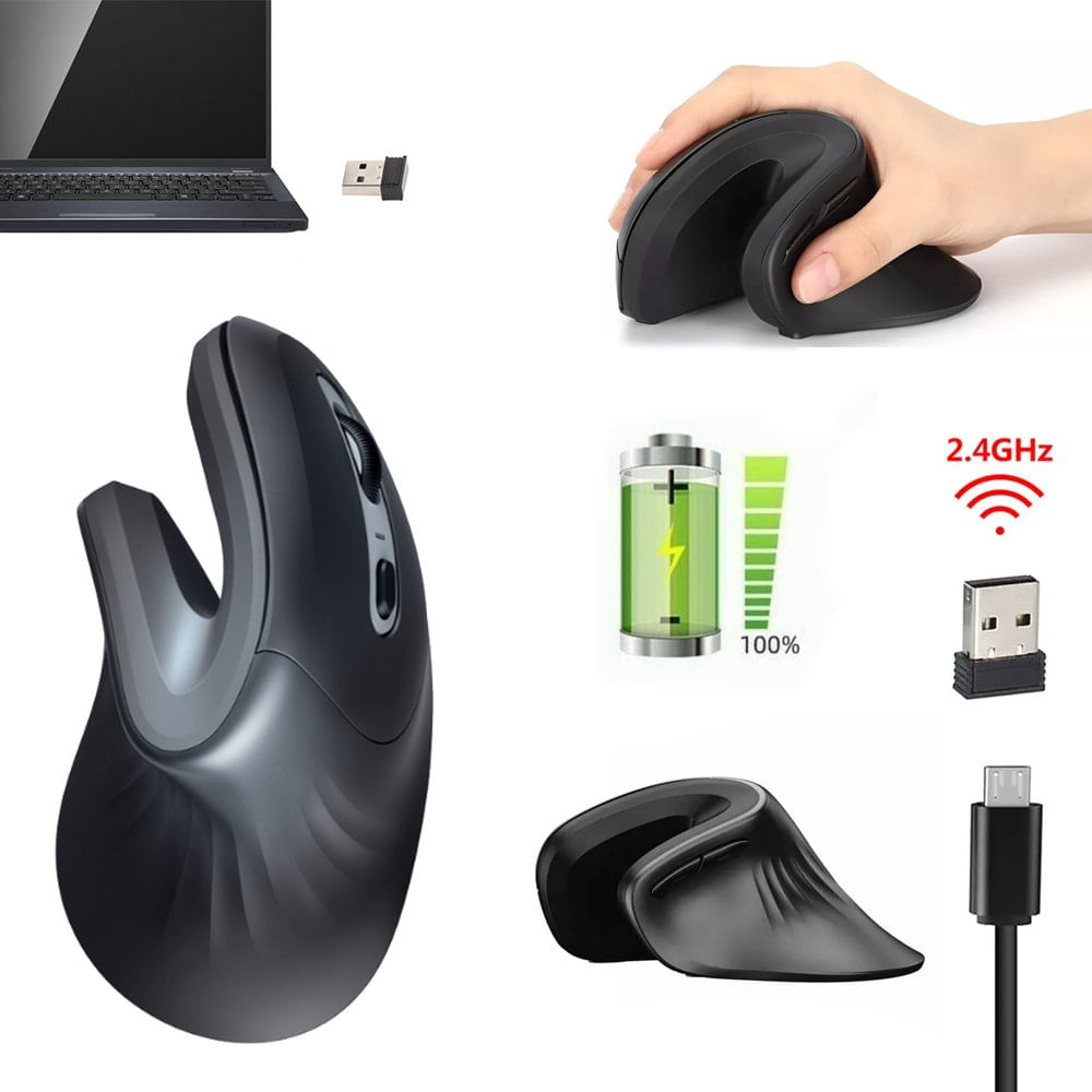 Mouse Vertical Inalambrico Ergonómico 1600 DPI USB 2.4Hz recargable
