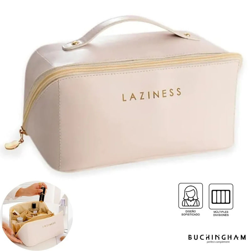 Combo Neceser Estuche De Cosméticos Beige + Brochas de Maquillaje profesionales Set 15 piezas Negro