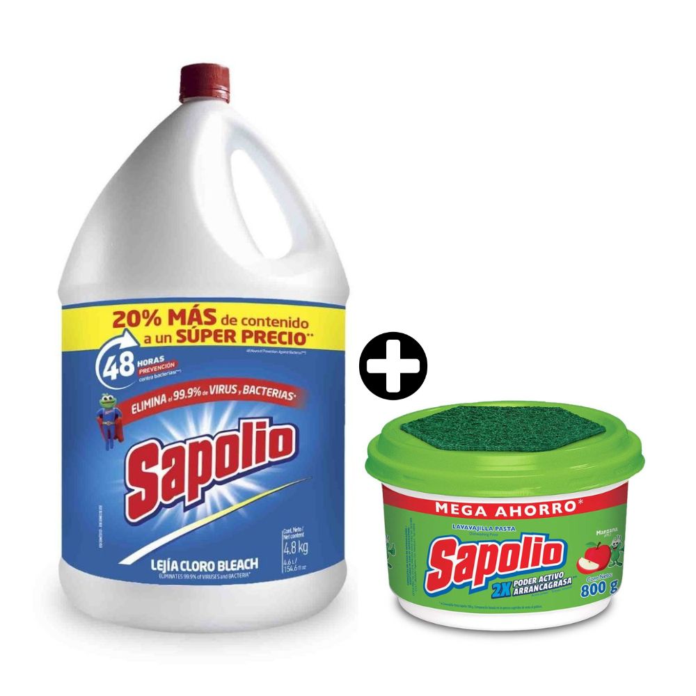 COMBO Lejía Sapolio Original 4.8kg + Lavavajilla en pasta Sapolio Manzana 800gr