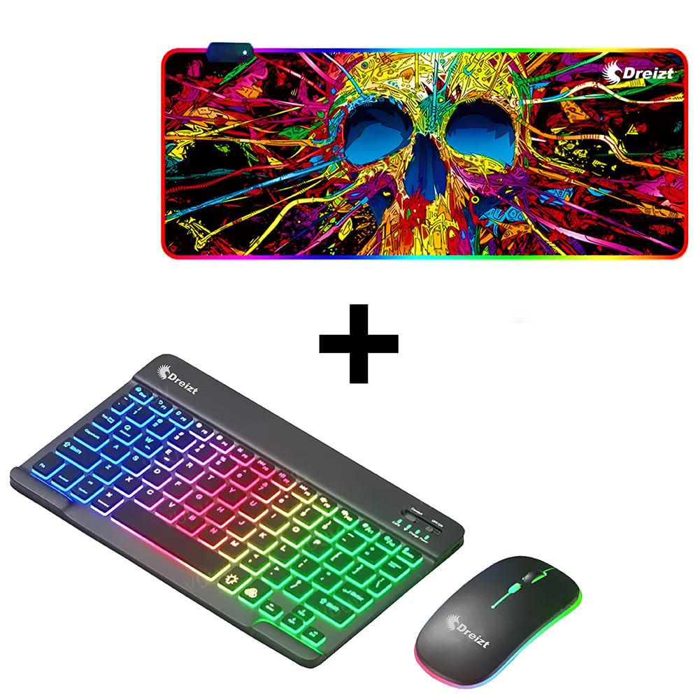 Combo Kit Teclado y Mouse Luces RGB Inalámbrico Negro + Mousepad Gamer DREIZT RGB Diseño CALAVERA XL
