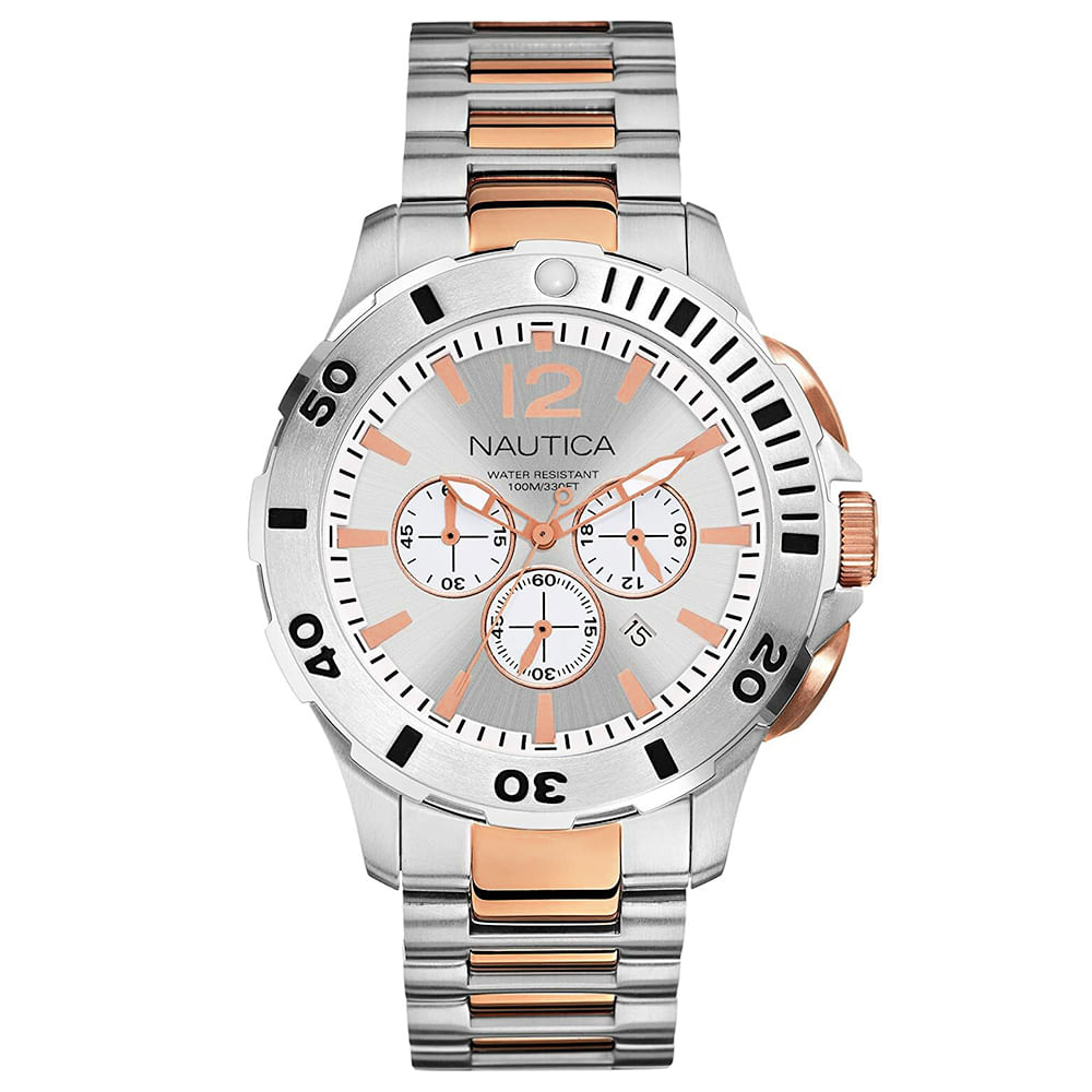 Reloj Nautica A27525G Fecha Cronometro Acero Inoxidable Plateado Oro Rosado Dial Plateado