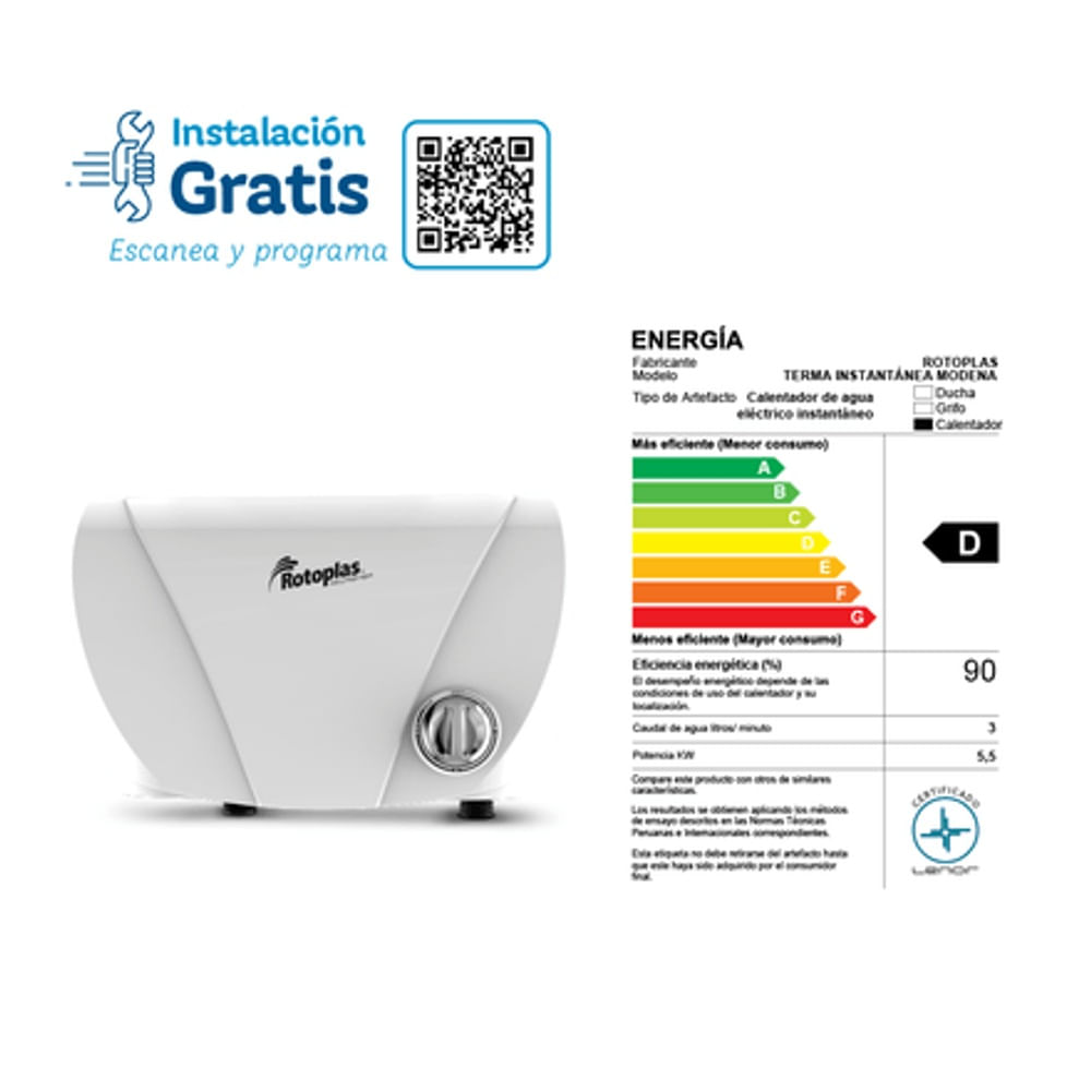Terma Instantánea Modena de 5500W con Regadera Cromada- 500486