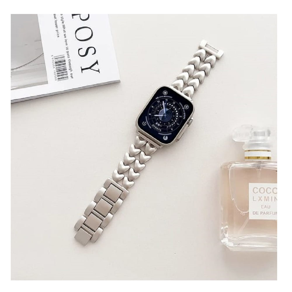 CORREA DOBLE CORAZON DE ACERO PARA WATCH 42-44-45-46-49MM-PLATEADO