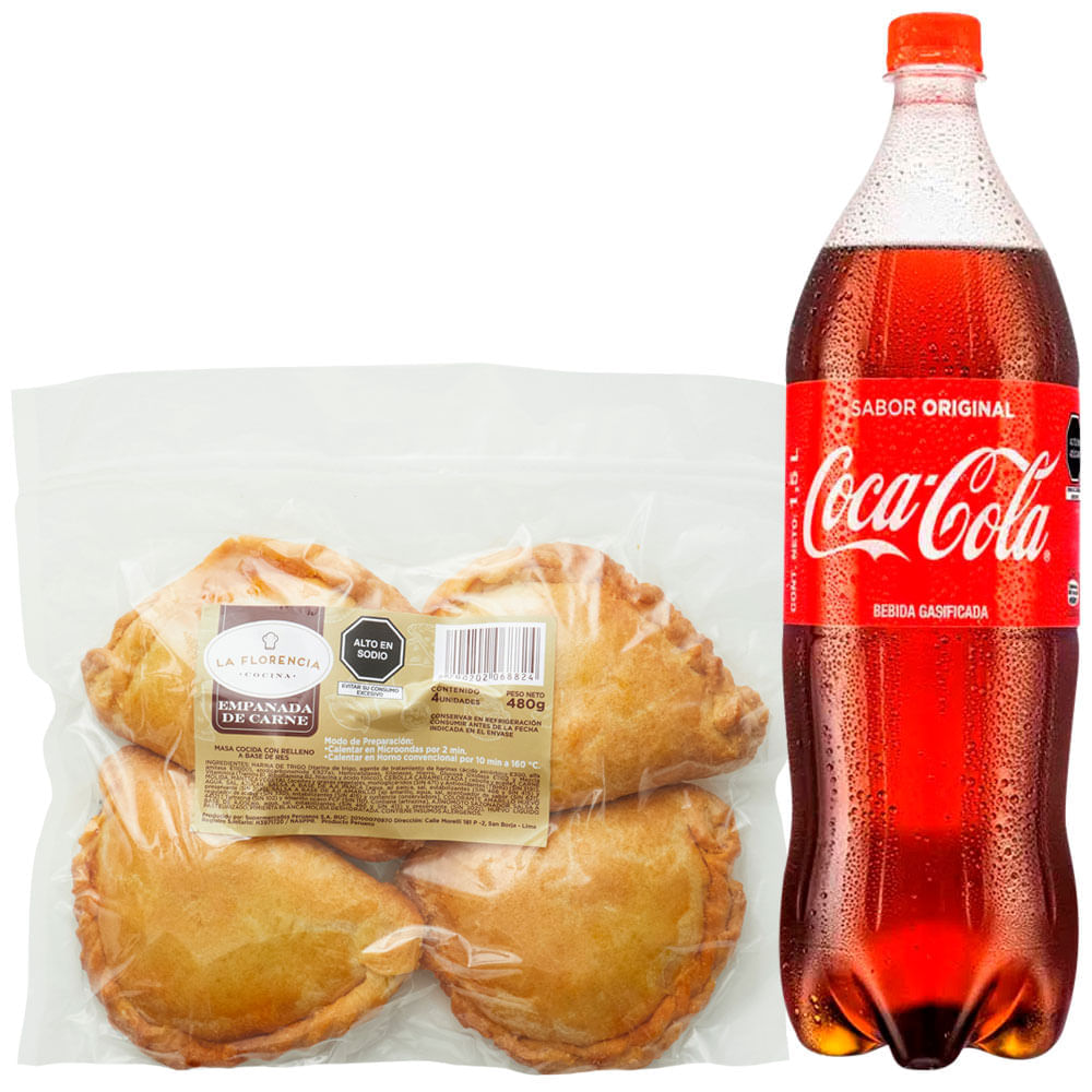 Pack Empanada de Carne Paquete 4un + Gaseosa COCA COLA Botella 1.5L