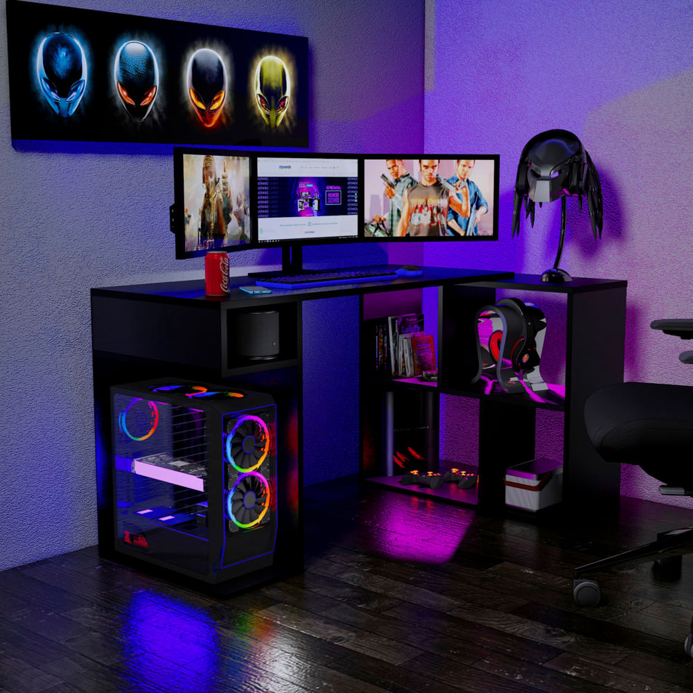 Escritorio Gamer en L 133x80cm NR 11 Movenda Negro