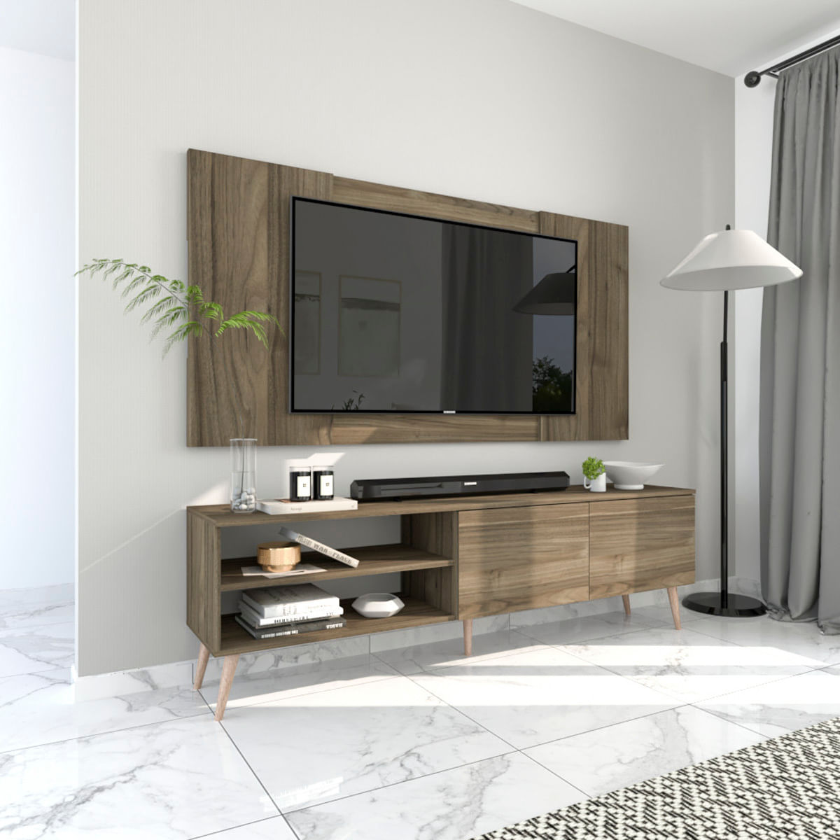 Centro de Entretenimiento 65"" Caxias Mesa de TV y Panel Movenda Gales con Patas de Madera