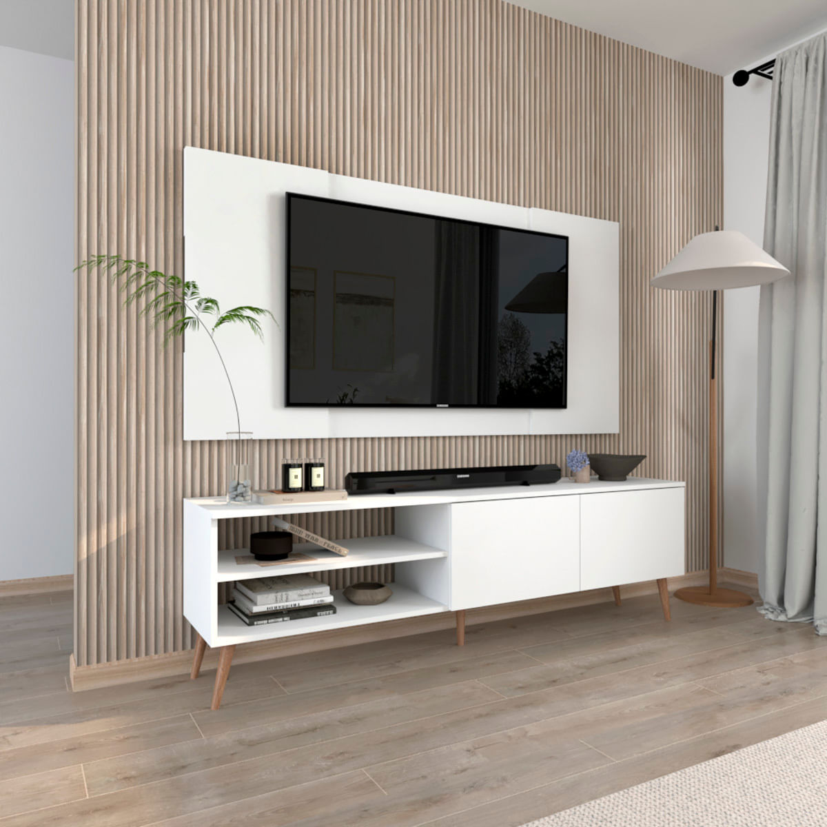 Centro de Entretenimiento 65"" Caxias Mesa de TV y Panel Movenda Blanco con Patas de Madera