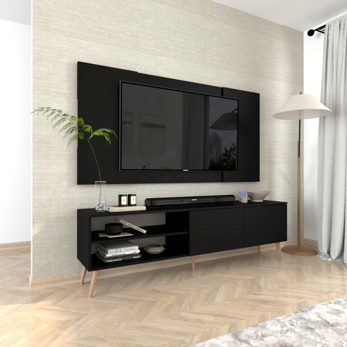 Centro de Entretenimiento 65"" Caxias Mesa de TV y Panel Movenda Negro con Patas de Madera