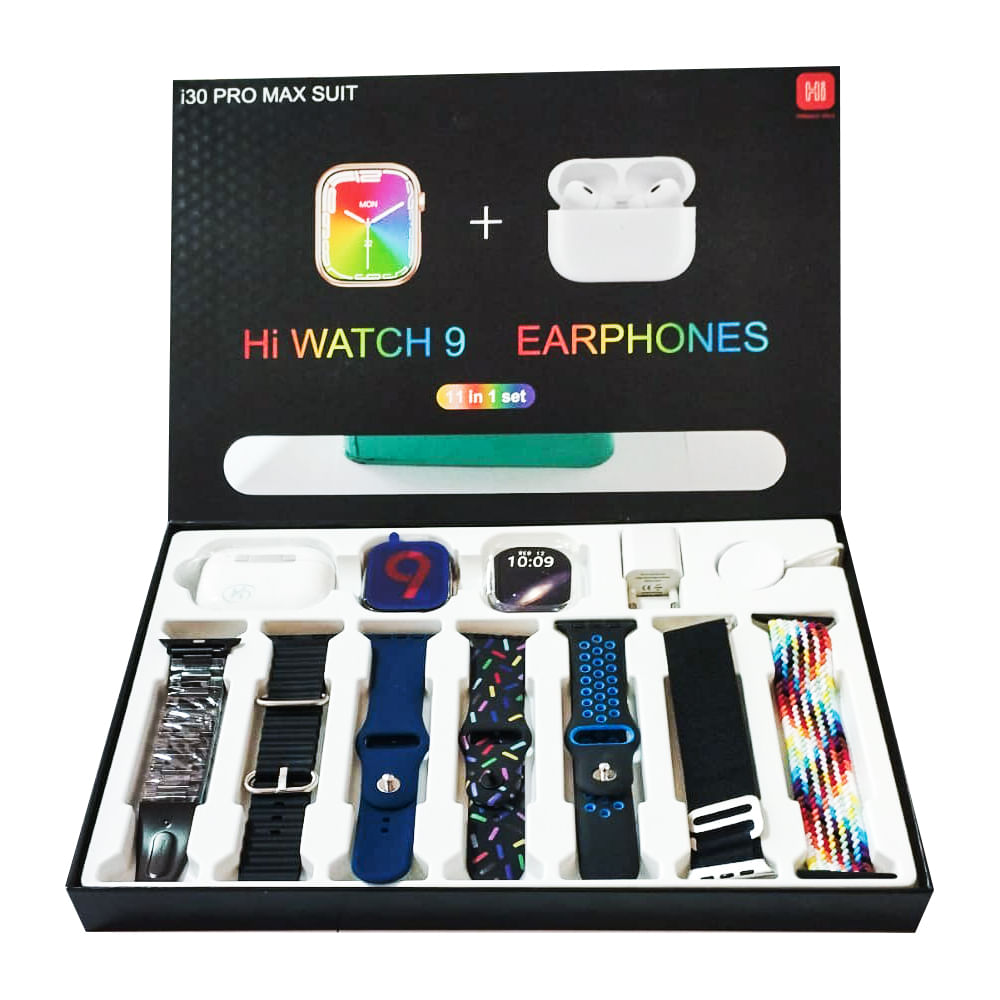 I30 PRO MAX, PACK 7 EN 1 - RELOJ SMARTWATCH + AUDIFONO + CORREAS NEGRO