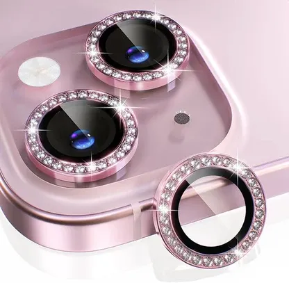 Micas de Camara Individuales Piedras Rosado para Iphone 15/ 15 Plus