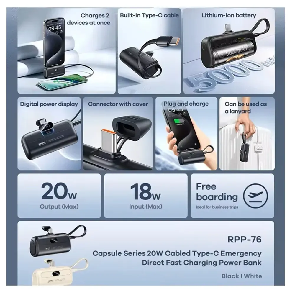 CARGADOR PORTÁTIL 5000mAh 20W Tipo C MODELO RPP-76 Negro