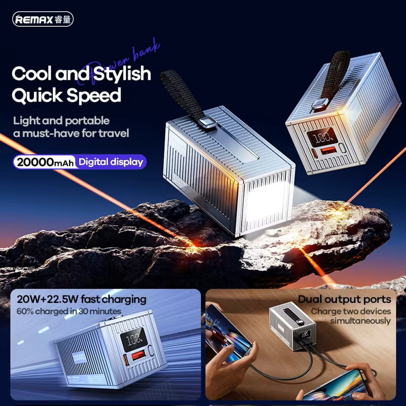 CARGADOR PORTÁTIL with LED Light 10000mAh PD20W+QC22.5W MODELO RPP-673 Plateado