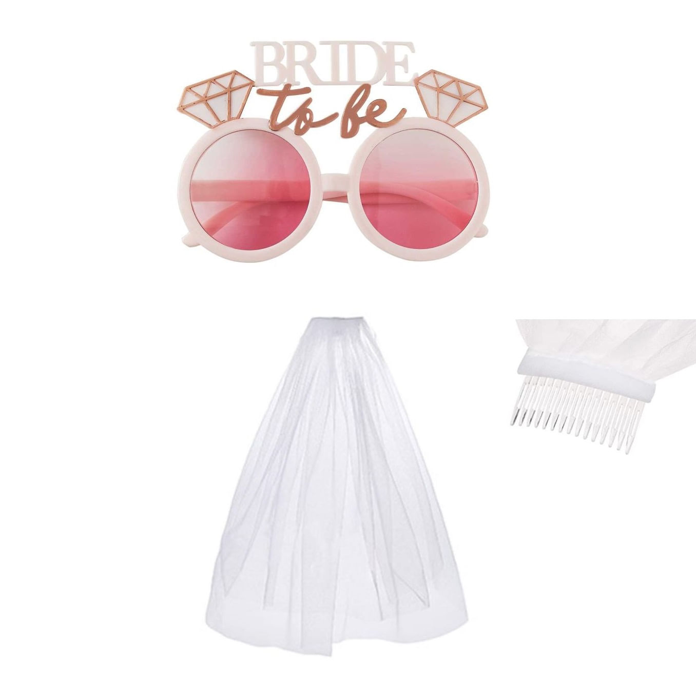 Set novia despedida de soltera lentes diamantes y velo blanco
